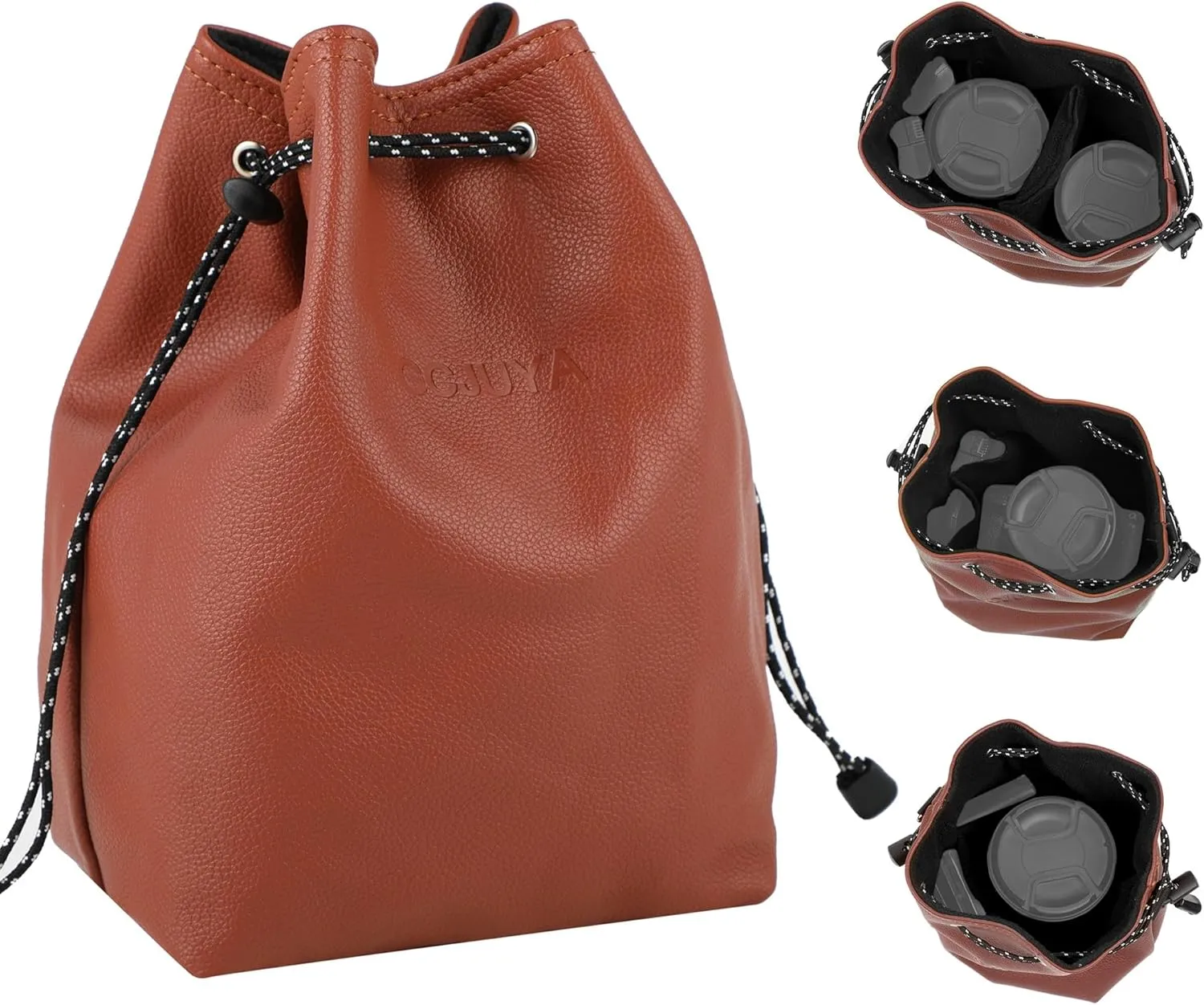 Camera Lens Pouch Drawstring Shockproof Bag with Shoulder Straps for DSLR Cameras and Lenses (Brown, Medium)