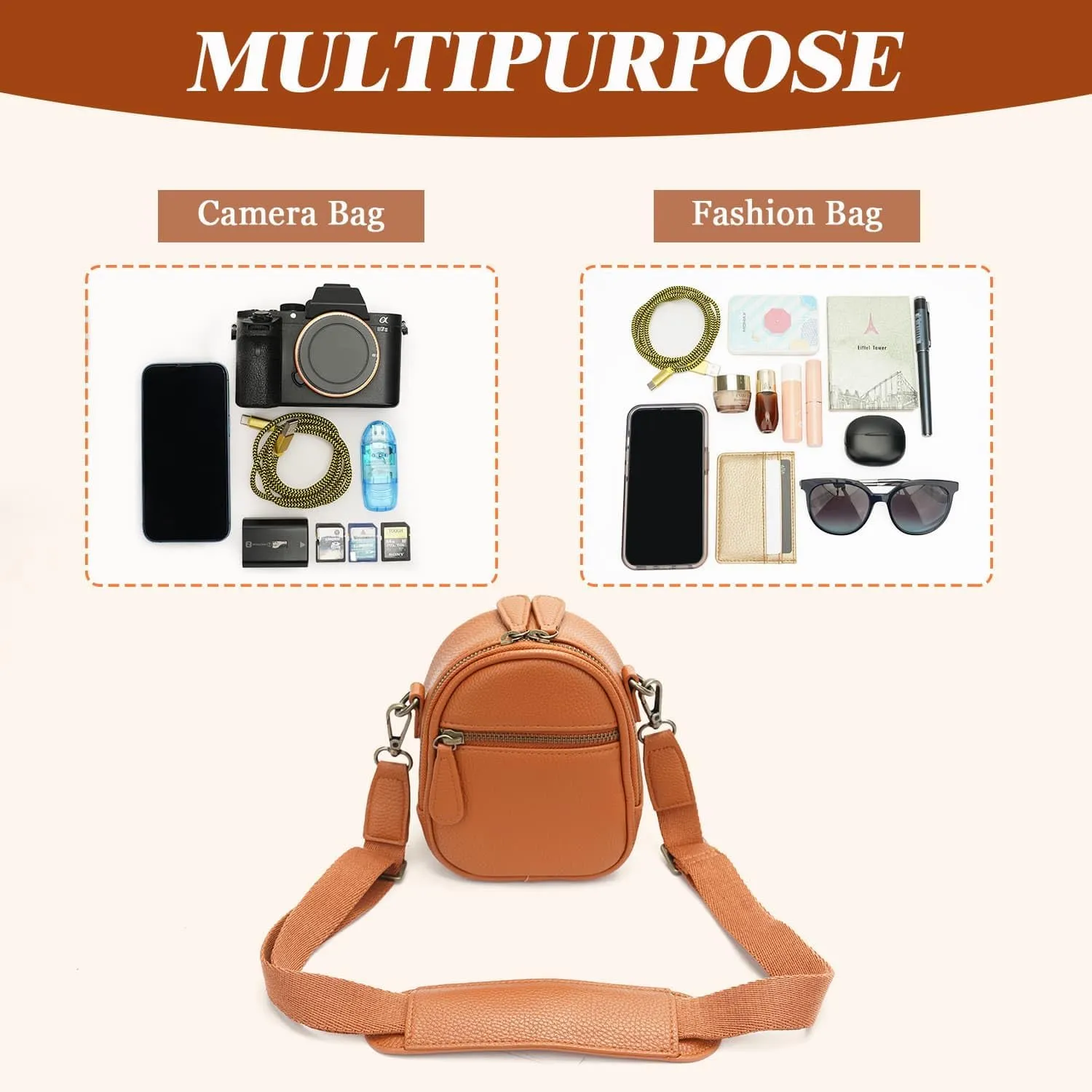 Camera Sling Bag, Waterproof PU Leather Crossbody Camera Bag for DSLR/SLR/Mirrorless, Small Shockproof Case for Photographers, Mini Cute Case 2L Brown