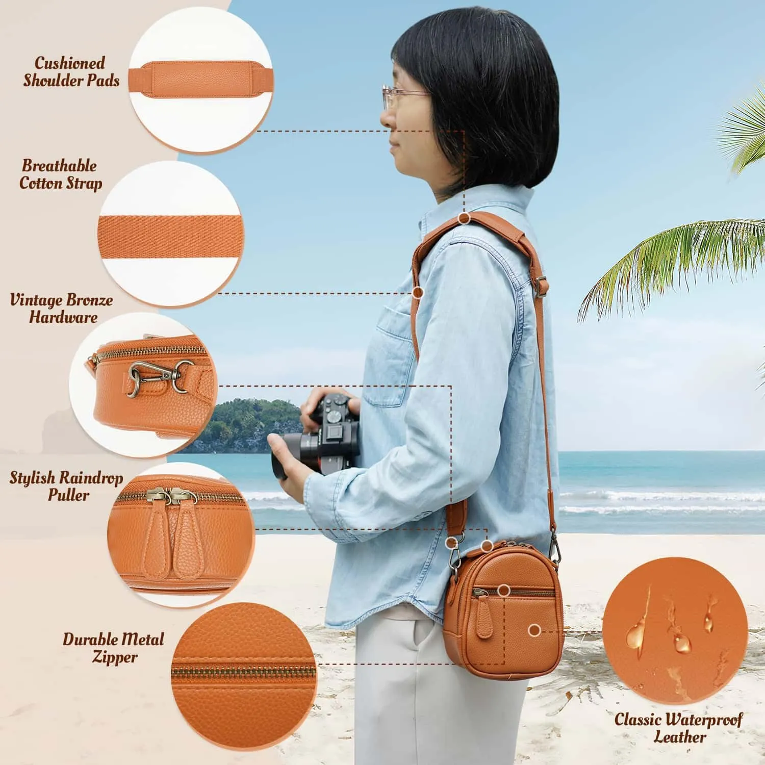 Camera Sling Bag, Waterproof PU Leather Crossbody Camera Bag for DSLR/SLR/Mirrorless, Small Shockproof Case for Photographers, Mini Cute Case 2L Brown