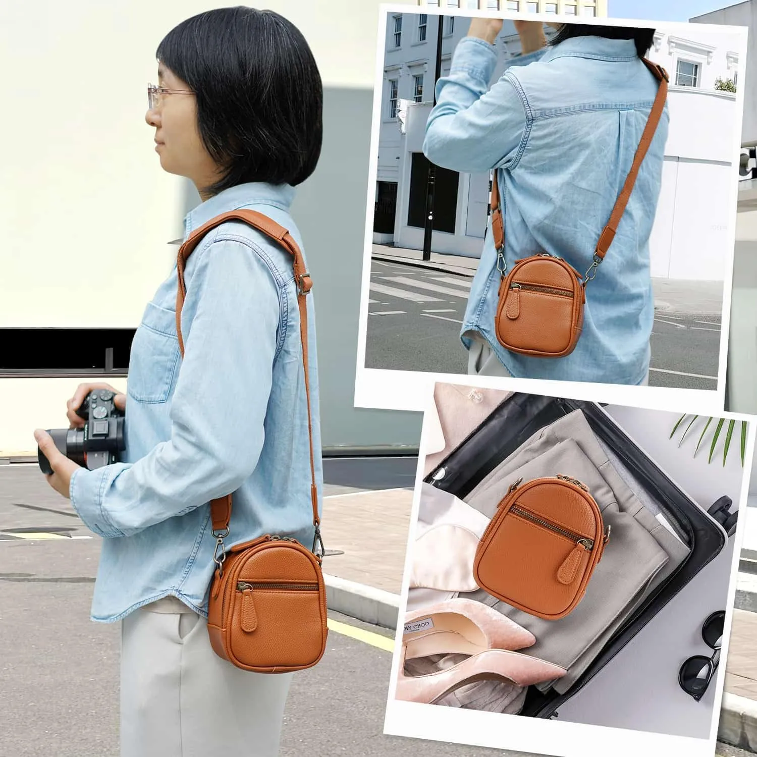 Camera Sling Bag, Waterproof PU Leather Crossbody Camera Bag for DSLR/SLR/Mirrorless, Small Shockproof Case for Photographers, Mini Cute Case 2L Brown