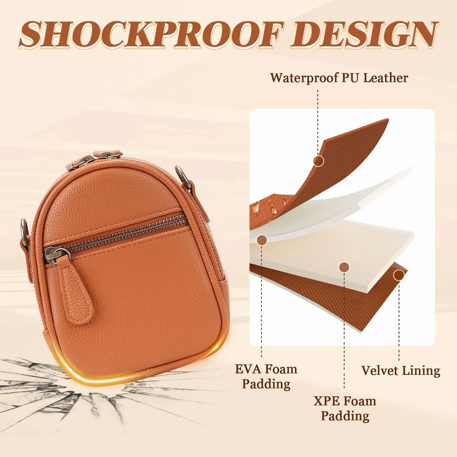 Camera Sling Bag, Waterproof PU Leather Crossbody Camera Bag for DSLR/SLR/Mirrorless, Small Shockproof Case for Photographers, Mini Cute Case 2L Brown
