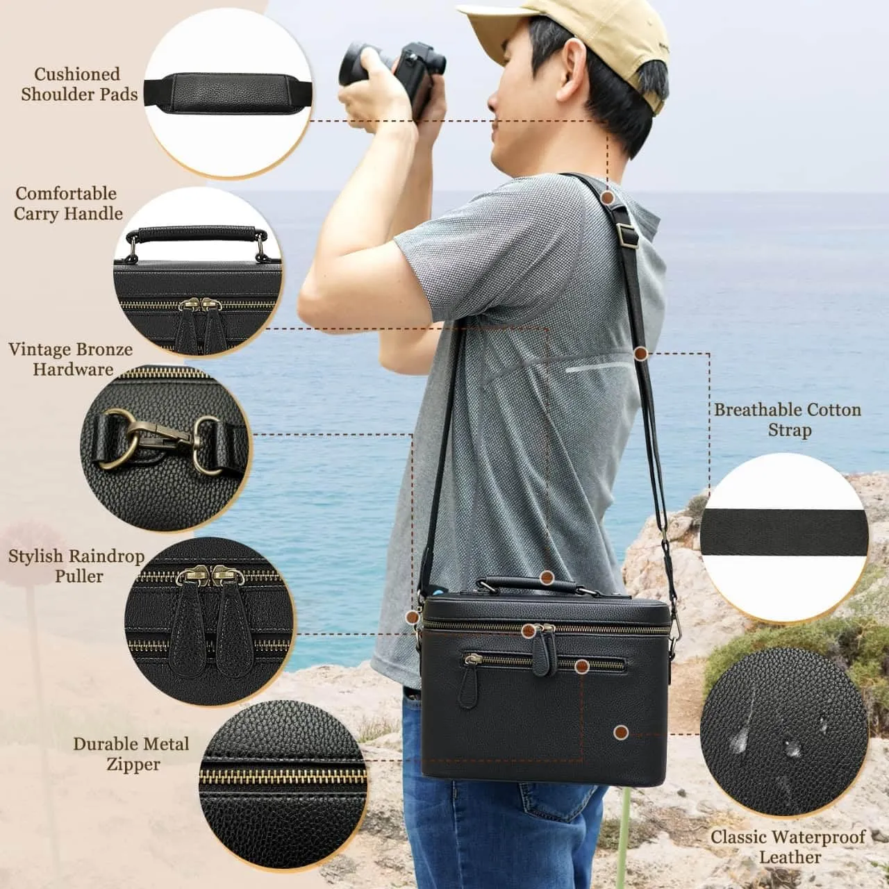 Camera Sling Bag, Waterproof PU Leather Crossbody Camera Bag for DSLR/SLR/Mirrorless, Small Shockproof Case with Removable Dividers for Photographers, 4L Black