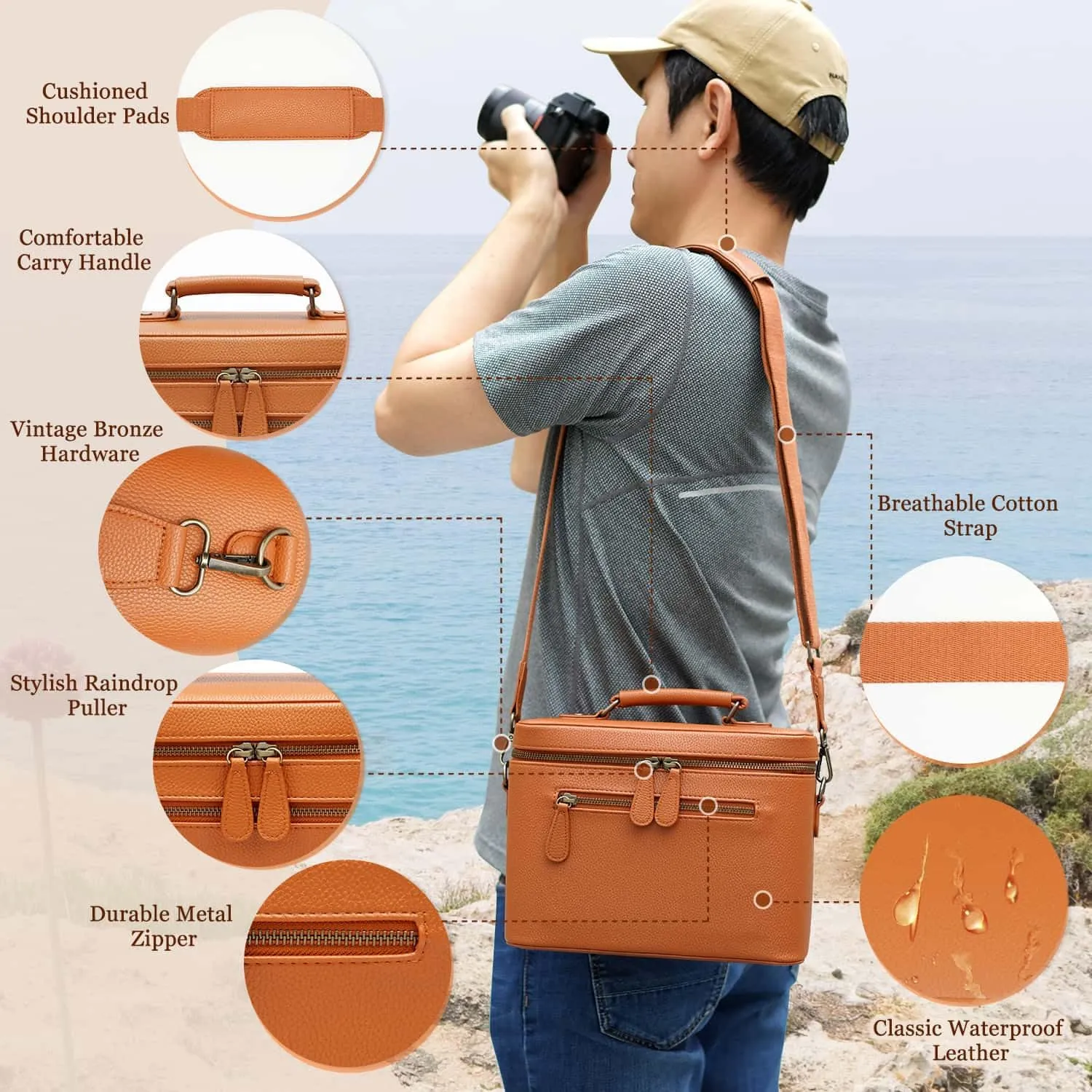 Camera Sling Bag, Waterproof PU Leather Crossbody Camera Bag for DSLR/SLR/Mirrorless, Small Shockproof Case with Removable Dividers for Photographers, 4L Brown