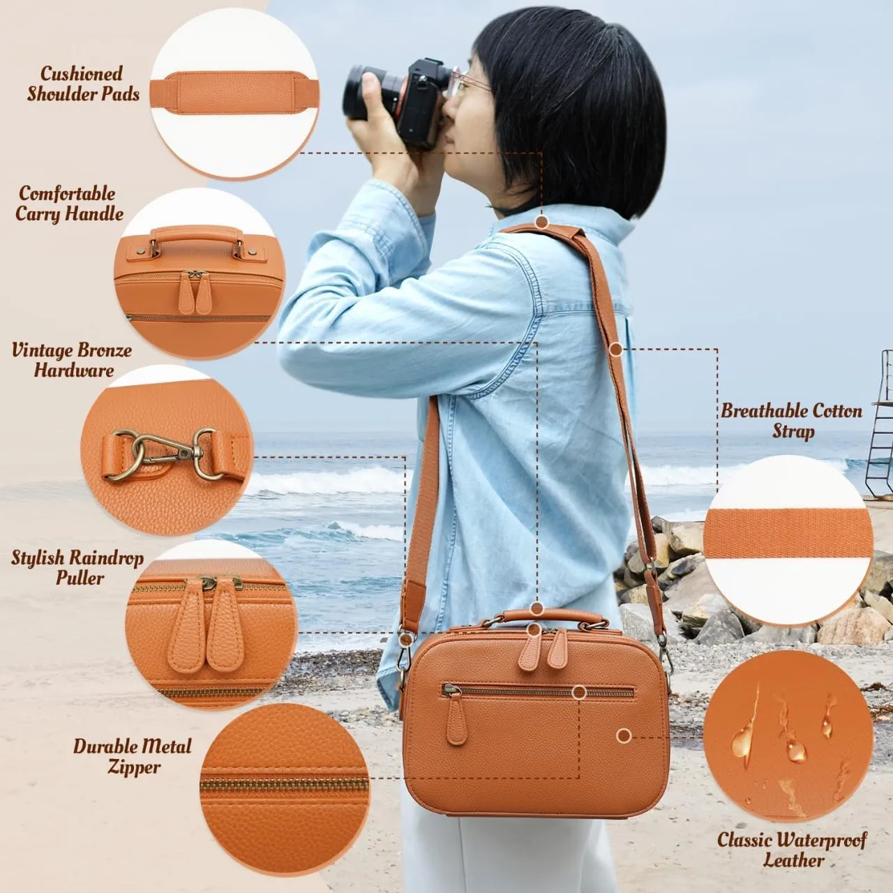 Camera Sling Bag, Waterproof PU Leather Crossbody Camere Bag for Photographers, Small Shockproof Case with Removable Dividers for DSLR/SLR/Mirrorless, 4L Brown