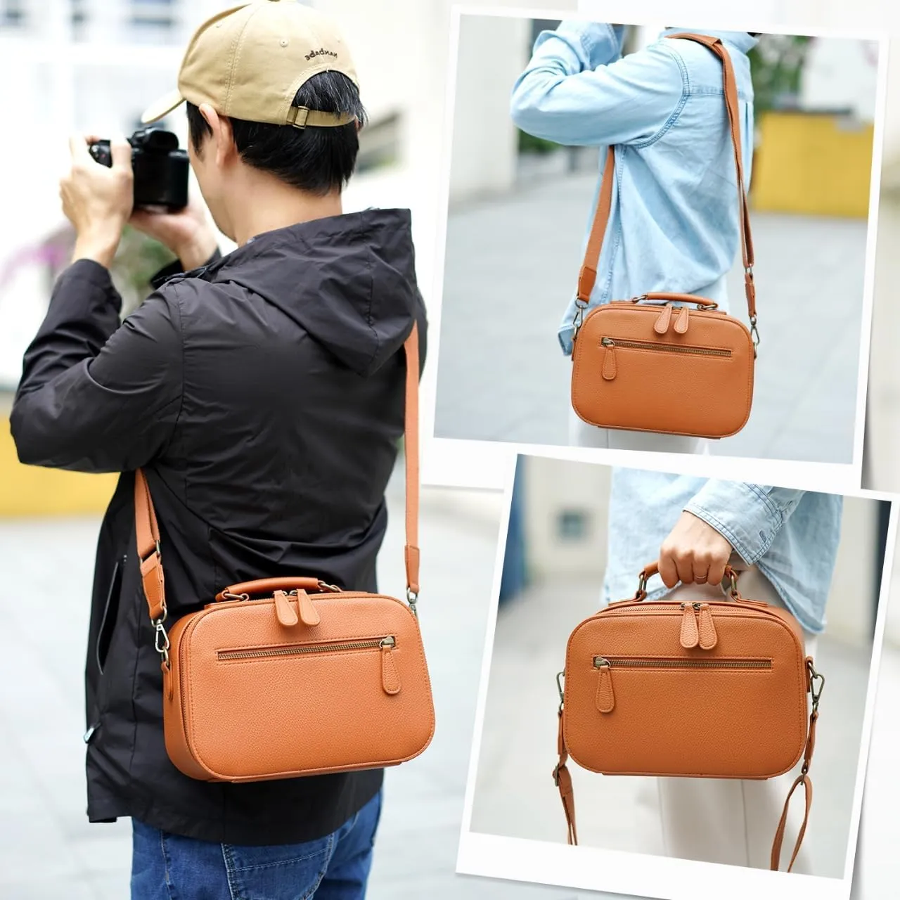 Camera Sling Bag, Waterproof PU Leather Crossbody Camere Bag for Photographers, Small Shockproof Case with Removable Dividers for DSLR/SLR/Mirrorless, 4L Brown