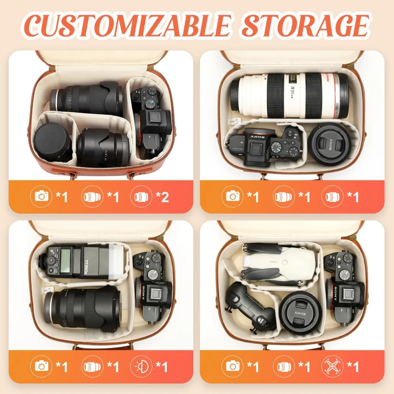 Camera Sling Bag, Waterproof PU Leather Crossbody Camere Bag for Photographers, Small Shockproof Case with Removable Dividers for DSLR/SLR/Mirrorless, 4L Brown