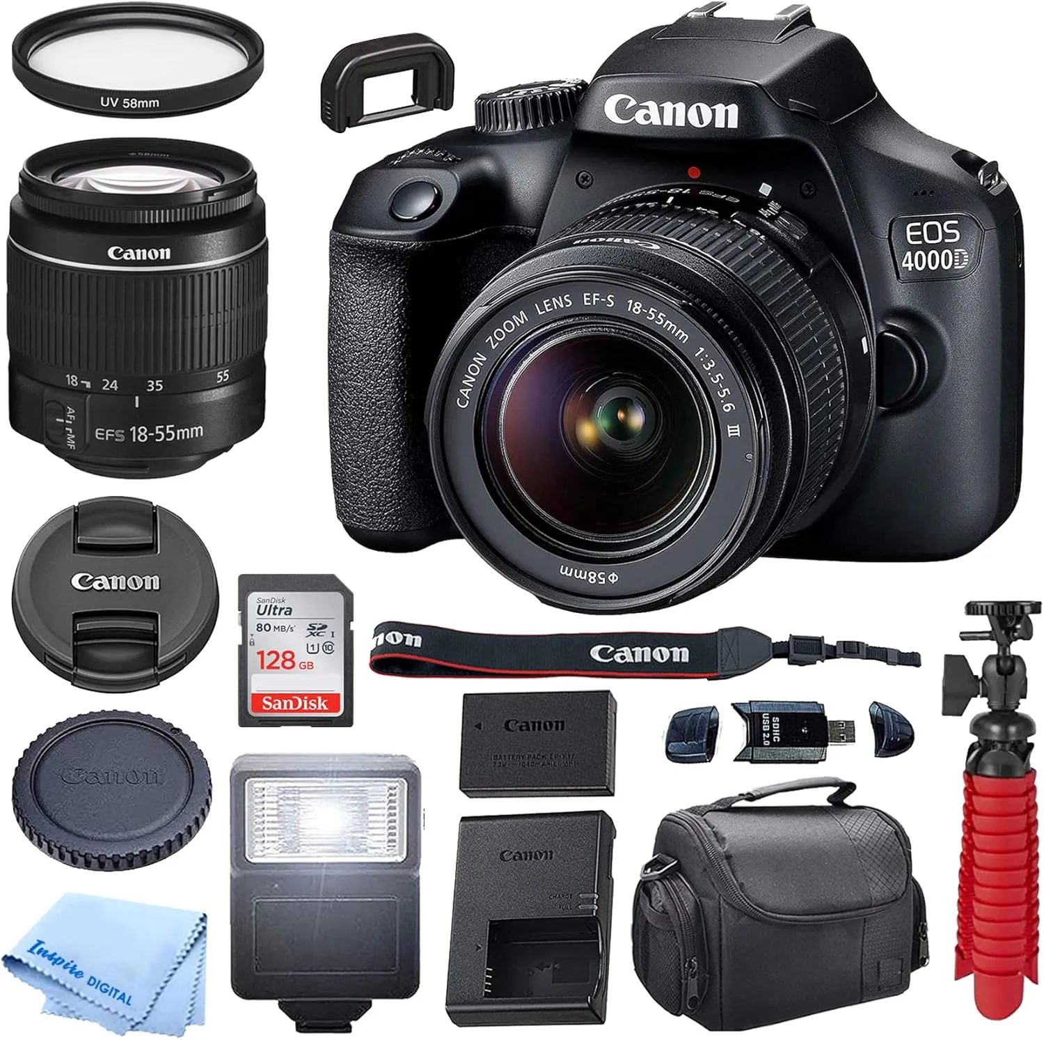 Canon EOS 4000D DSLR Camera w/Canon EF-S 18-55mm F/3.5-5.6 III Zoom Lens   Case   128GB SD Card   Inspire Digital Cloth (15pc Bundle) (Renewed)