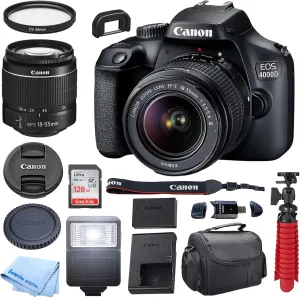 Canon EOS 4000D DSLR Camera w/Canon EF-S 18-55mm F/3.5-5.6 III Zoom Lens   Case   128GB SD Card   Inspire Digital Cloth (15pc Bundle) (Renewed)