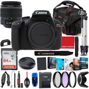 Canon EOS Rebel T100 DSLR Camera with 18-55mm Lens Bundle   Premium Accessory Bundle Including 64GB Memory, Filters, Photo/Video Software Package, Shoulder Bag & More (Renewed)