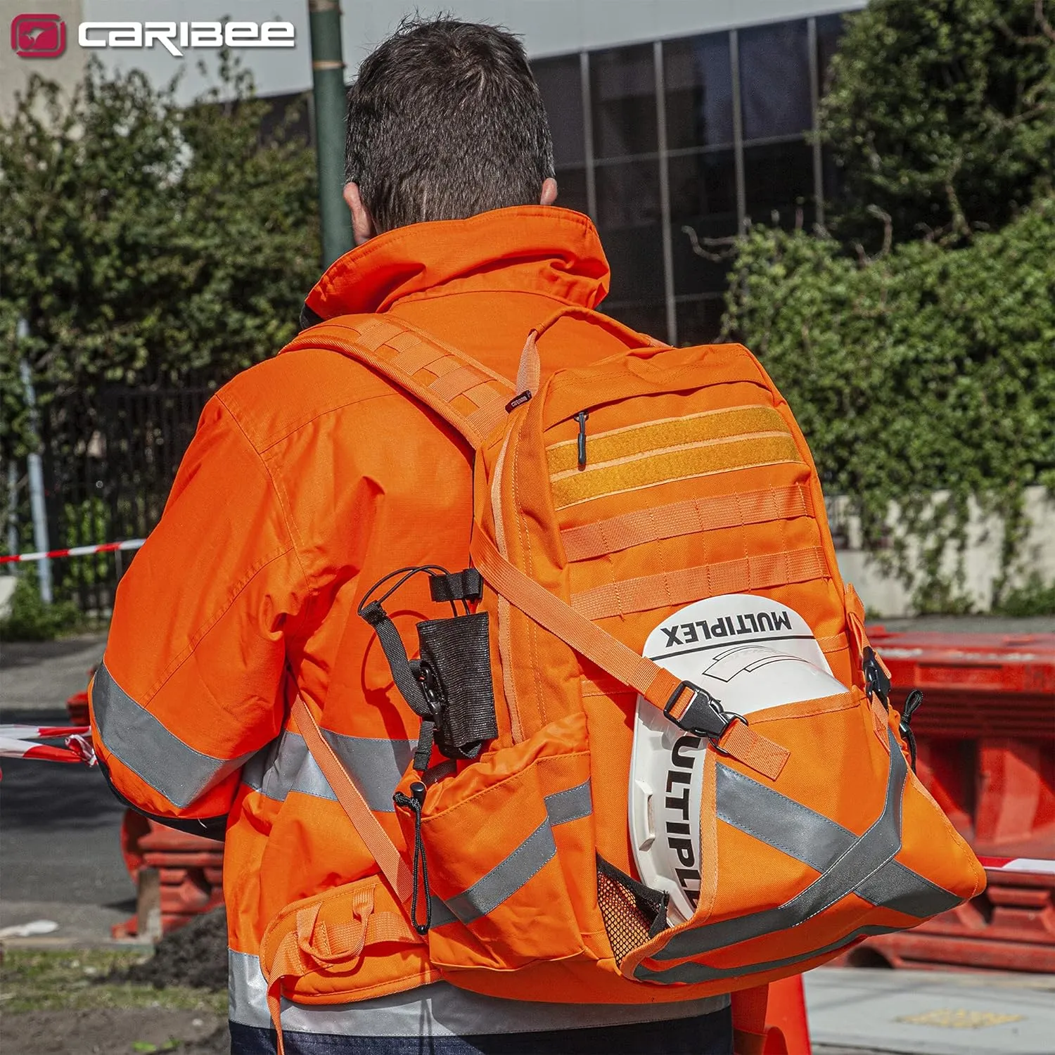 Caribee Mineral King Hi Vis Backpack - Orange Reflective Backpack with Adjustable Hard Hat Holder, Bottle Holders and Hydration Resevoir Compartment
