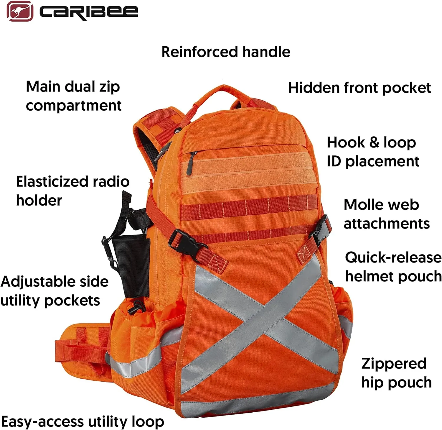 Caribee Mineral King Hi Vis Backpack - Orange Reflective Backpack with Adjustable Hard Hat Holder, Bottle Holders and Hydration Resevoir Compartment
