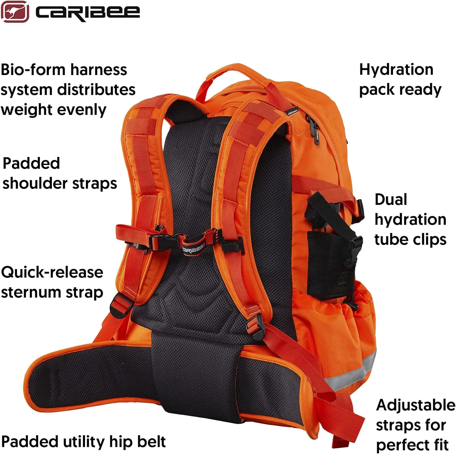 Caribee Mineral King Hi Vis Backpack - Orange Reflective Backpack with Adjustable Hard Hat Holder, Bottle Holders and Hydration Resevoir Compartment