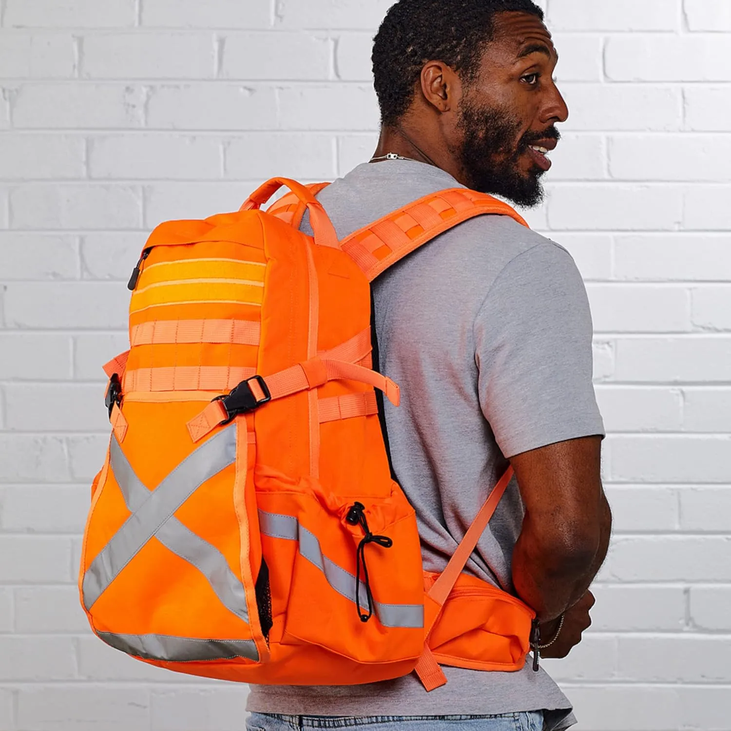 Caribee Mineral King Hi Vis Backpack - Orange Reflective Backpack with Adjustable Hard Hat Holder, Bottle Holders and Hydration Resevoir Compartment