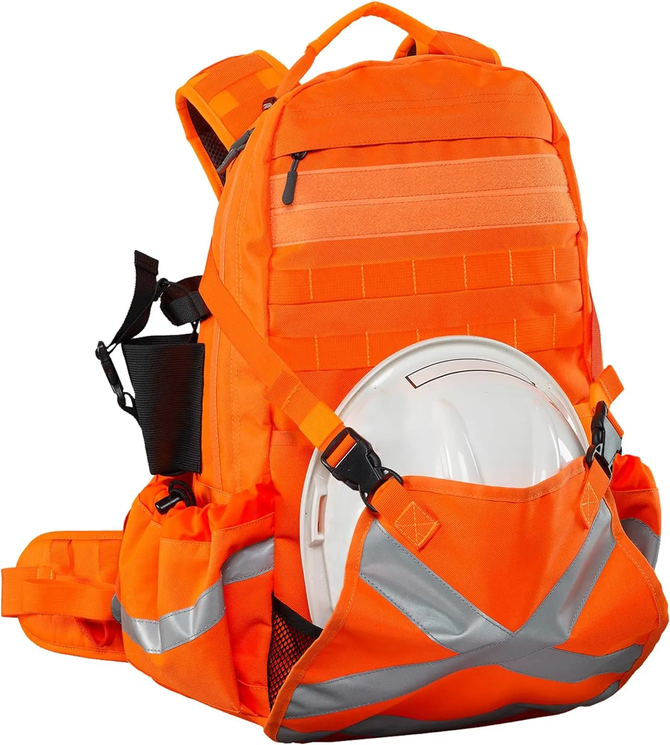 Caribee Mineral King Hi Vis Backpack - Orange Reflective Backpack with Adjustable Hard Hat Holder, Bottle Holders and Hydration Resevoir Compartment