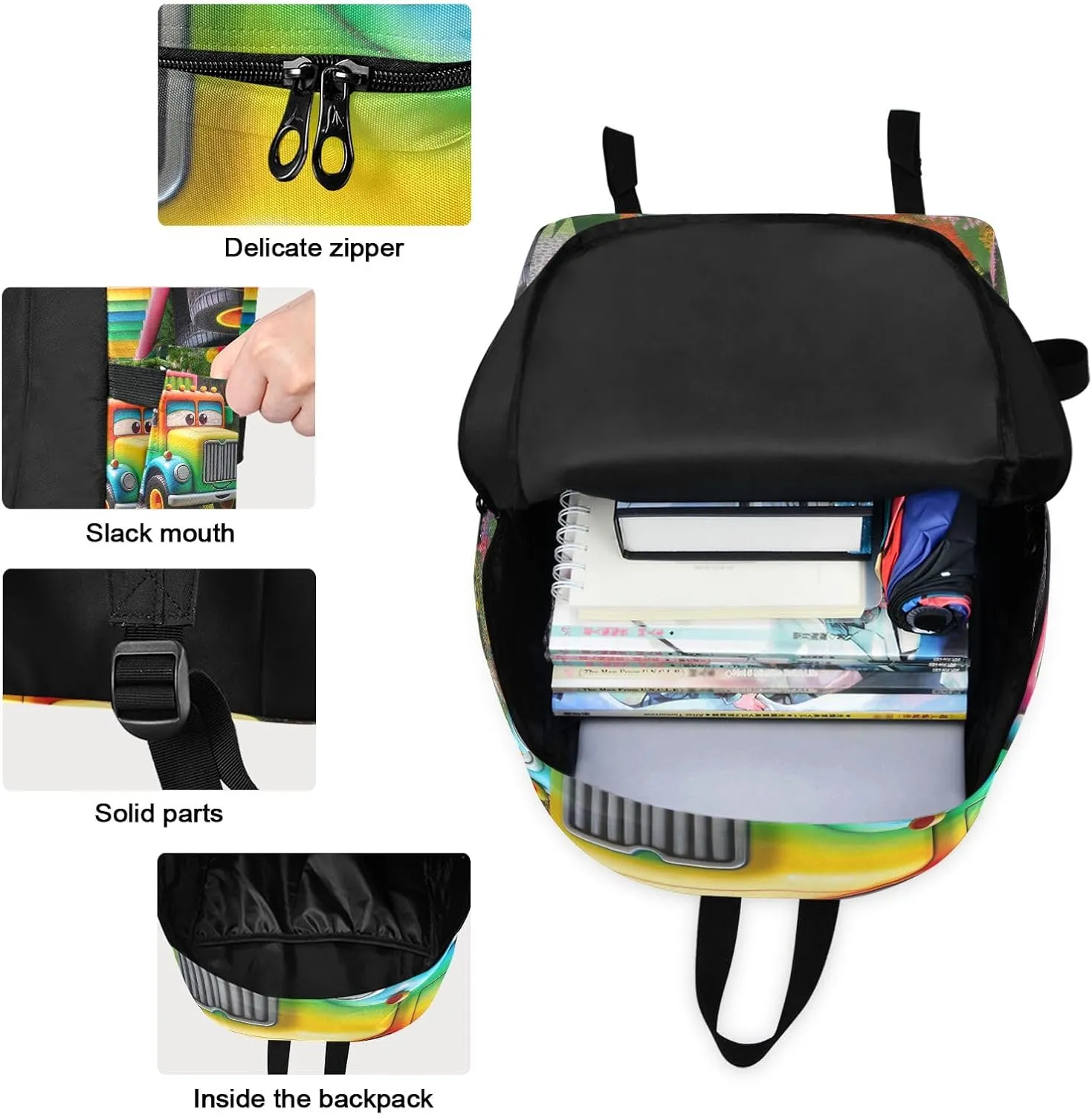 Cartoon Truck in Garden Kids Backpacks Set Waterproof Cooler Bag, Girls Bookbags with Lunch Box, Backpacks for Girls for School