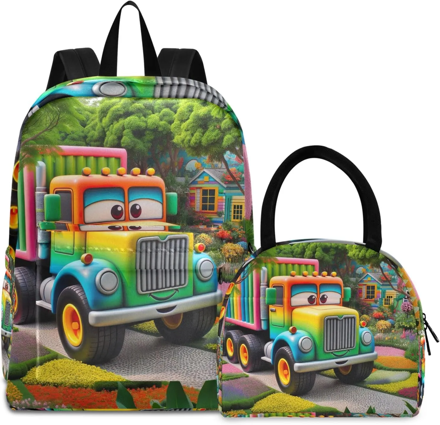Cartoon Truck in Garden Kids Backpacks Set Waterproof Cooler Bag, Girls Bookbags with Lunch Box, Backpacks for Girls for School
