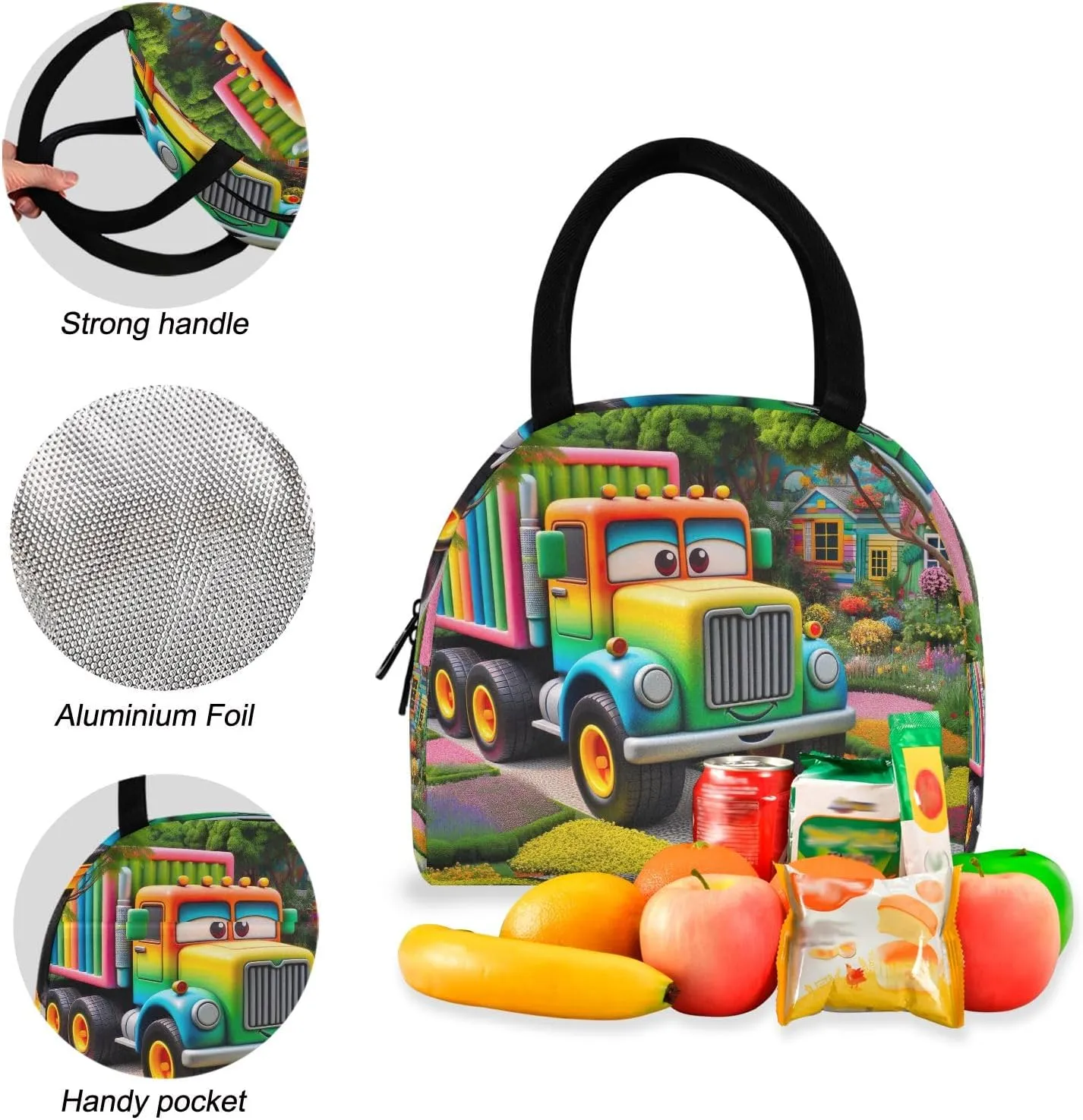Cartoon Truck in Garden Kids Backpacks Set Waterproof Cooler Bag, Girls Bookbags with Lunch Box, Backpacks for Girls for School