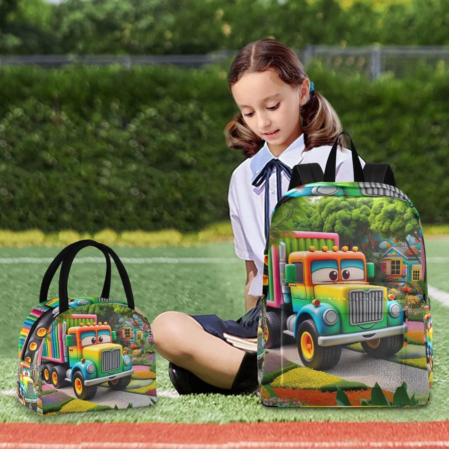 Cartoon Truck in Garden Kids Backpacks Set Waterproof Cooler Bag, Girls Bookbags with Lunch Box, Backpacks for Girls for School