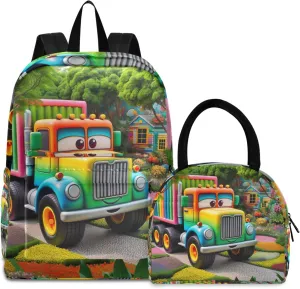 Cartoon Truck in Garden Kids Backpacks Set Waterproof Cooler Bag, Girls Bookbags with Lunch Box, Backpacks for Girls for School