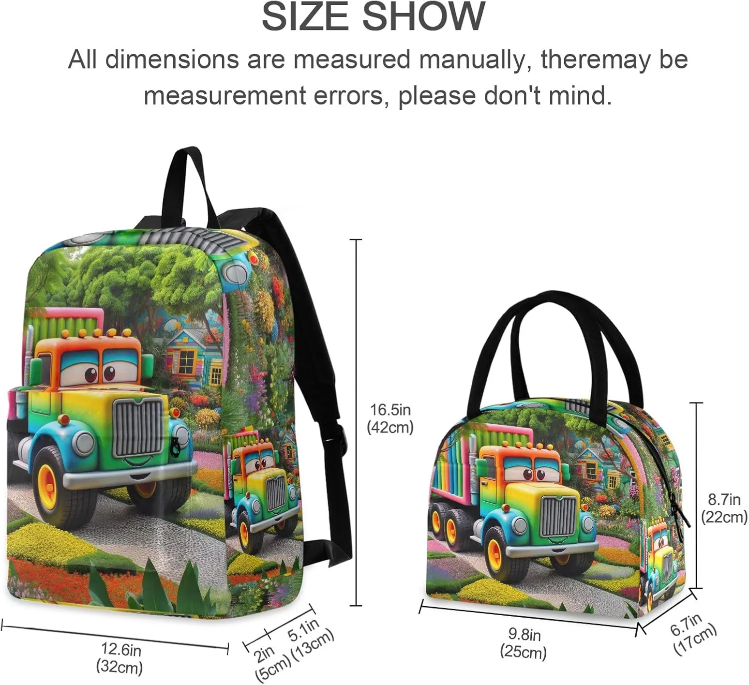 Cartoon Truck in Garden Kids Backpacks Set Waterproof Cooler Bag, Girls Bookbags with Lunch Box, Backpacks for Girls for School