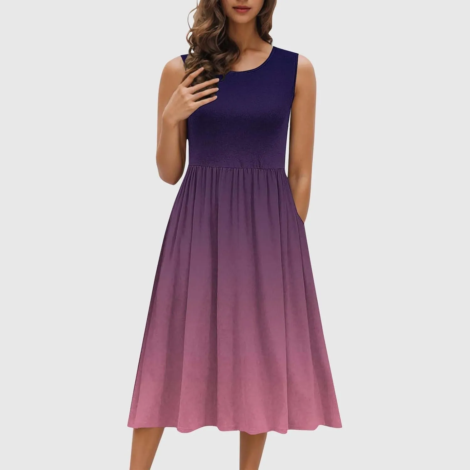 Casual Dresses for Women Summer Sleeveless Tie Dye Sundresses Empire Waist Midi Tank Dresses with Pockets 2025