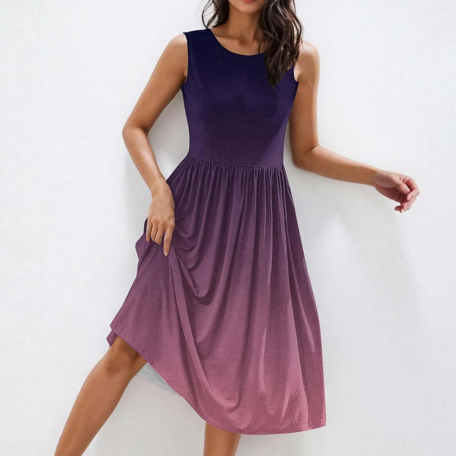 Casual Dresses for Women Summer Sleeveless Tie Dye Sundresses Empire Waist Midi Tank Dresses with Pockets 2025