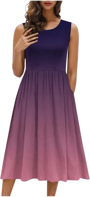 Casual Dresses for Women Summer Sleeveless Tie Dye Sundresses Empire Waist Midi Tank Dresses with Pockets 2025