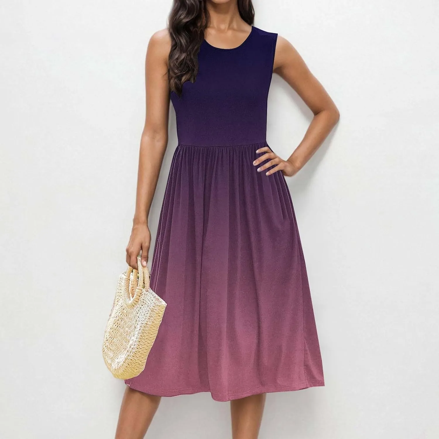 Casual Dresses for Women Summer Sleeveless Tie Dye Sundresses Empire Waist Midi Tank Dresses with Pockets 2025