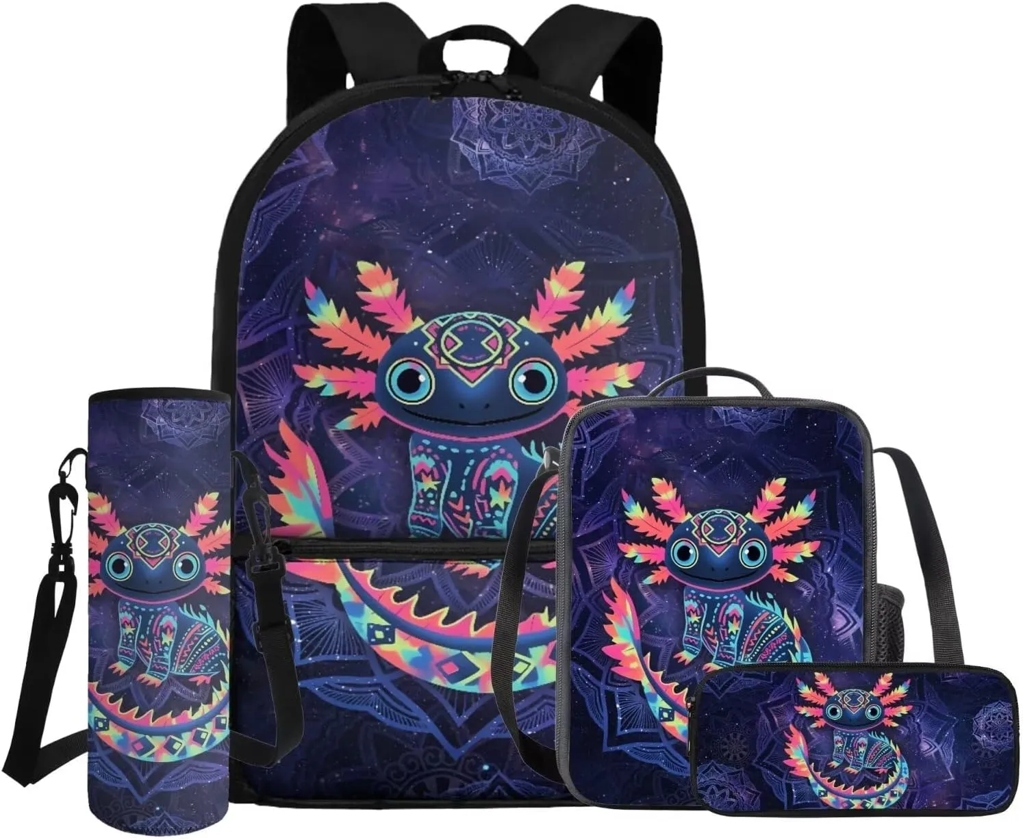 COEQINE Girls Backpack 10-12 Years Old with Lunch Box Axolotl School for Lunchbox Lightweight Kids Elementary Bag Large Capacity Book Back to Gifts 4 Pack