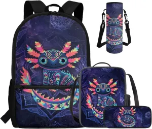COEQINE Girls Backpack 10-12 Years Old with Lunch Box Axolotl School for Lunchbox Lightweight Kids Elementary Bag Large Capacity Book Back to Gifts 4 Pack