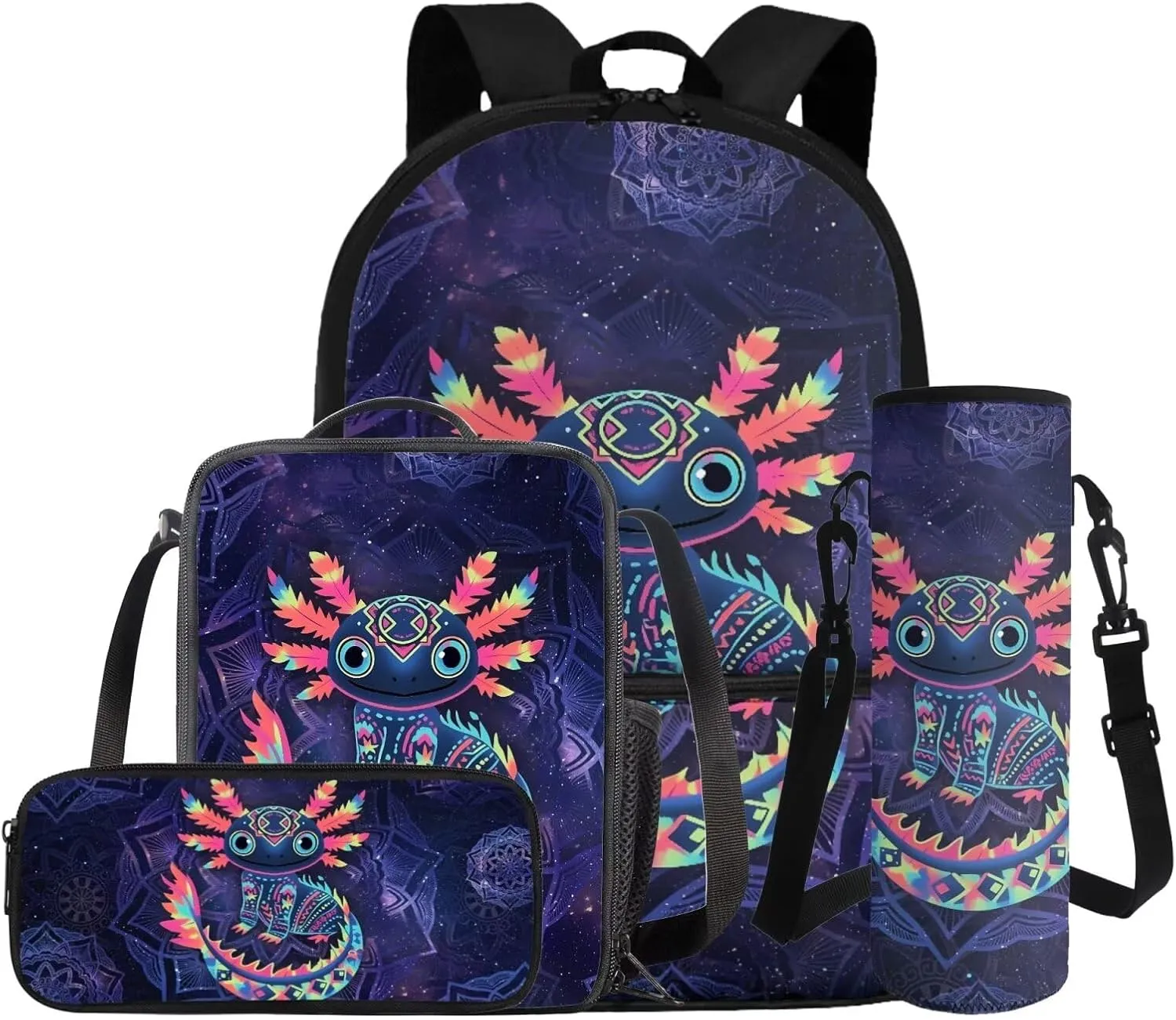 COEQINE Girls Backpack 10-12 Years Old with Lunch Box Axolotl School for Lunchbox Lightweight Kids Elementary Bag Large Capacity Book Back to Gifts 4 Pack