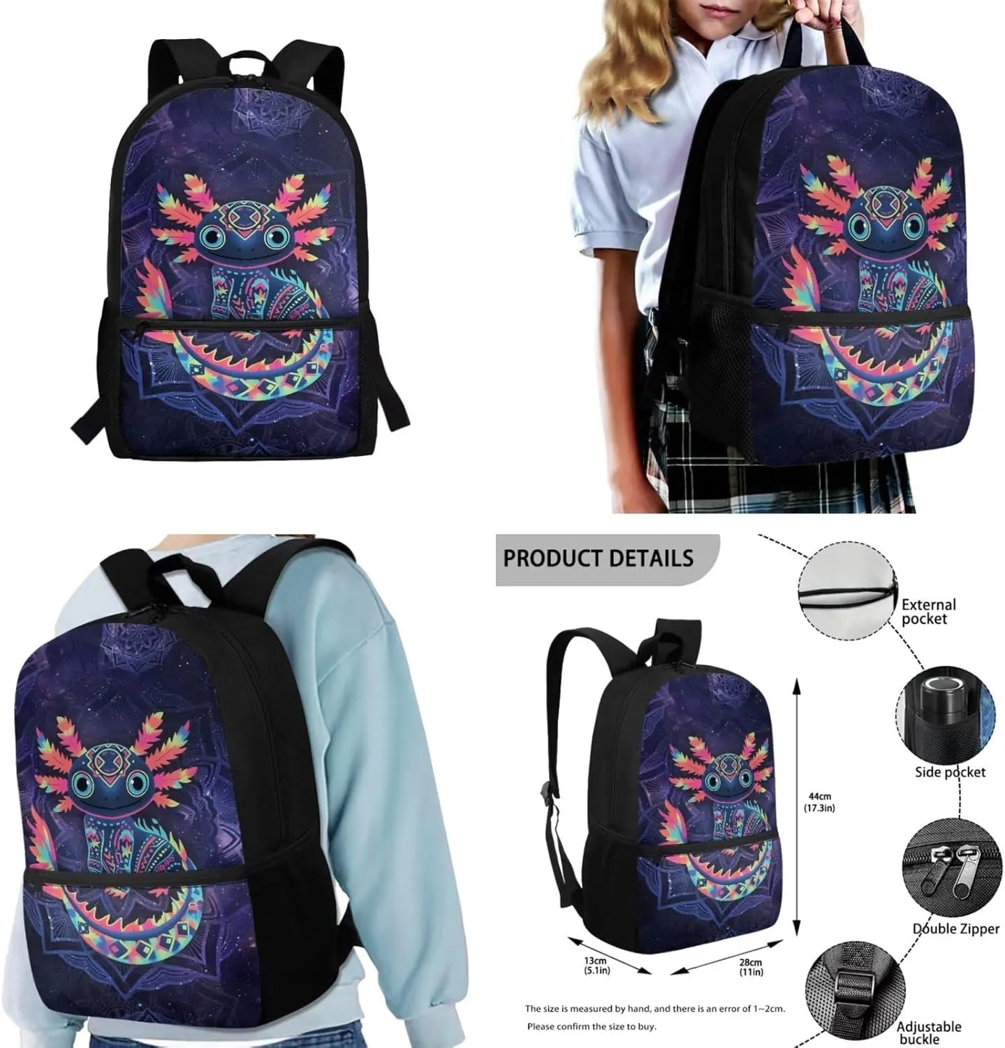 COEQINE Girls Backpack 10-12 Years Old with Lunch Box Axolotl School for Lunchbox Lightweight Kids Elementary Bag Large Capacity Book Back to Gifts 4 Pack