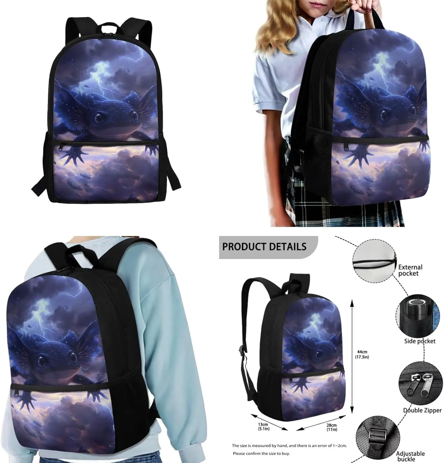 COEQINE Girls Backpack Ages 6-8 with Water Bottle Set 4 Pcs Black Axolotl Cool Lightning Kids School for Elementary Preschool Kindergarten Boys Bookbag Lunch Box Pencil Case Cover