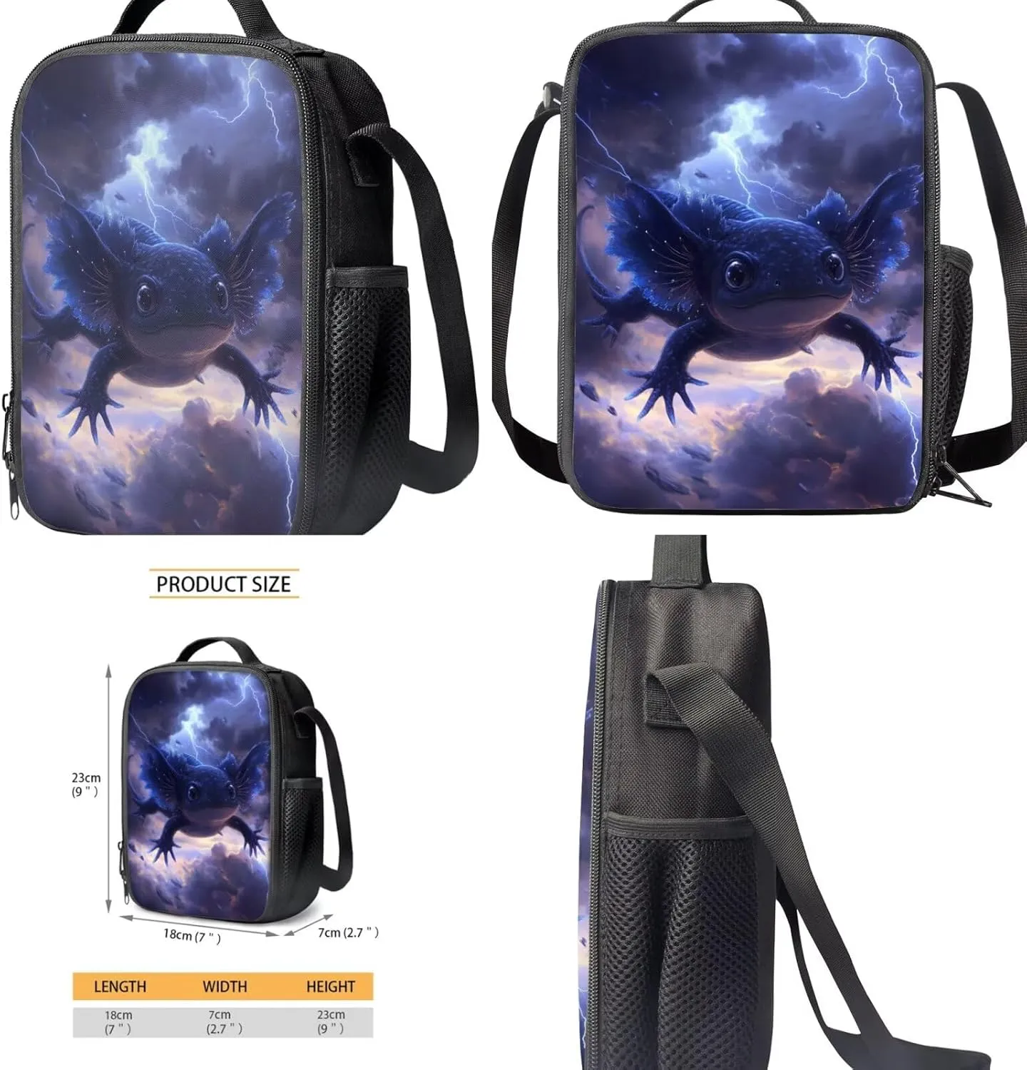 COEQINE Girls Backpack Ages 6-8 with Water Bottle Set 4 Pcs Black Axolotl Cool Lightning Kids School for Elementary Preschool Kindergarten Boys Bookbag Lunch Box Pencil Case Cover