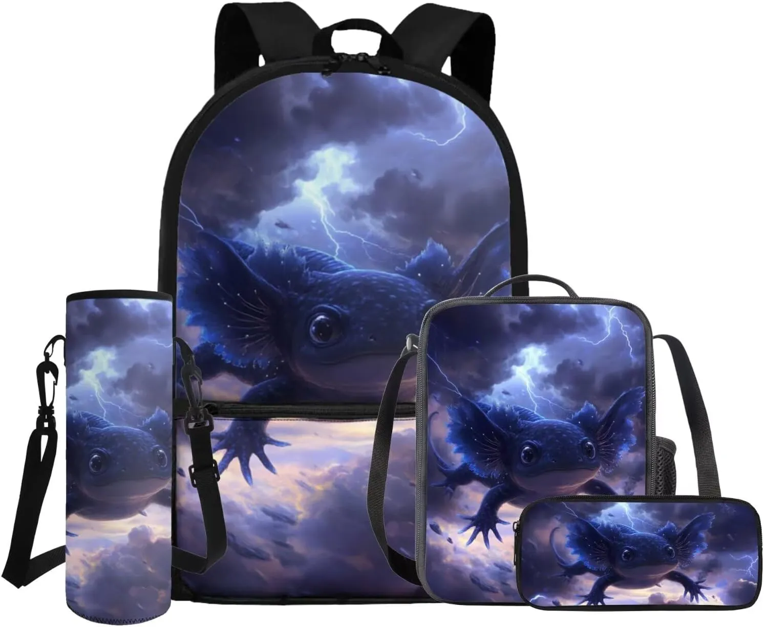 COEQINE Girls Backpack Ages 6-8 with Water Bottle Set 4 Pcs Black Axolotl Cool Lightning Kids School for Elementary Preschool Kindergarten Boys Bookbag Lunch Box Pencil Case Cover