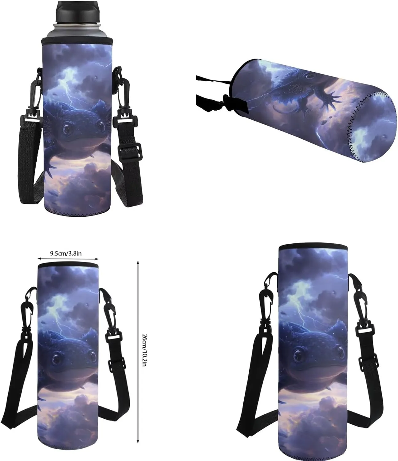 COEQINE Girls Backpack Ages 6-8 with Water Bottle Set 4 Pcs Black Axolotl Cool Lightning Kids School for Elementary Preschool Kindergarten Boys Bookbag Lunch Box Pencil Case Cover