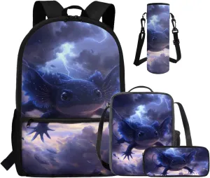 COEQINE Girls Backpack Ages 6-8 with Water Bottle Set 4 Pcs Black Axolotl Cool Lightning Kids School for Elementary Preschool Kindergarten Boys Bookbag Lunch Box Pencil Case Cover