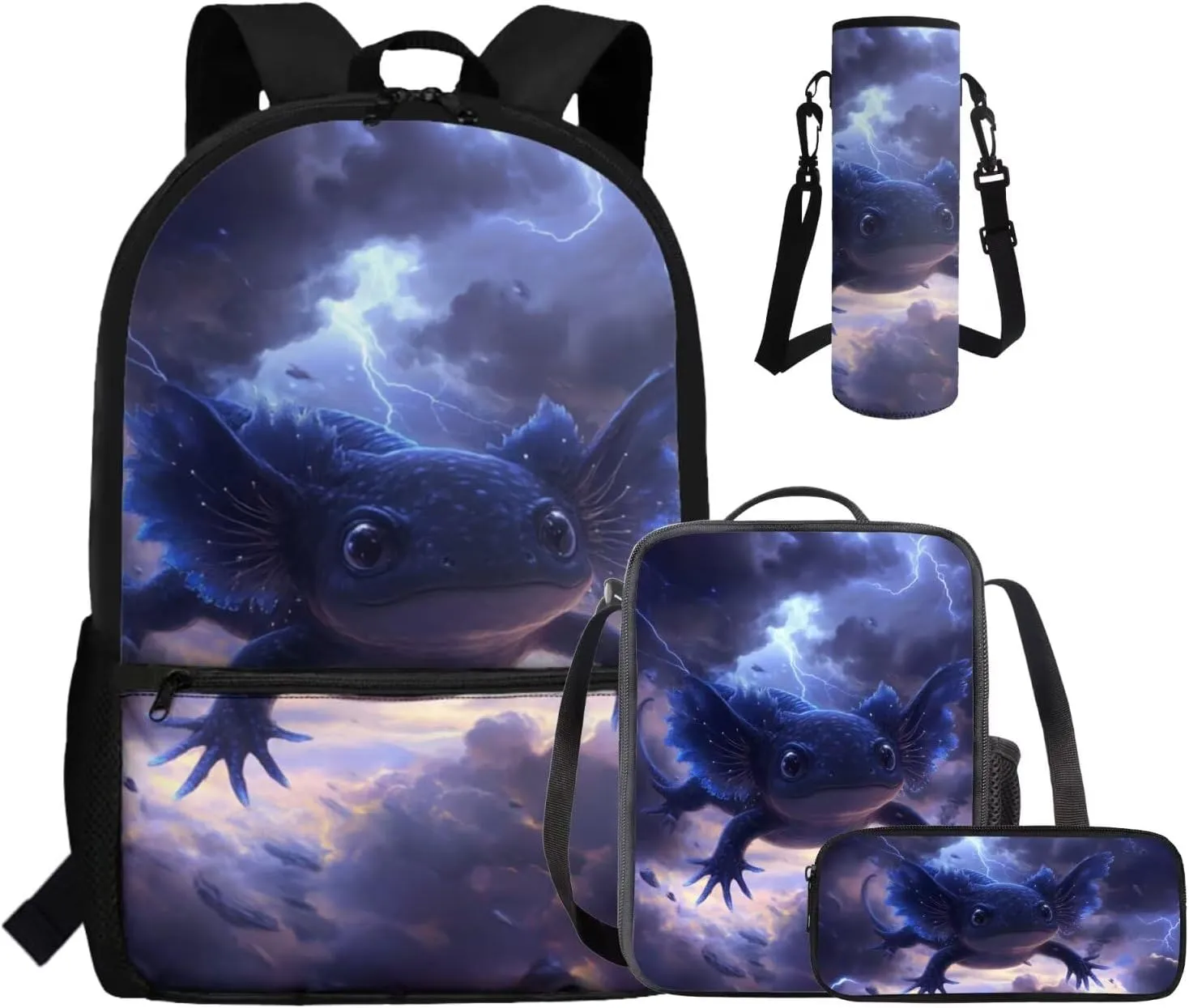 COEQINE Girls Backpack Ages 6-8 with Water Bottle Set 4 Pcs Black Axolotl Cool Lightning Kids School for Elementary Preschool Kindergarten Boys Bookbag Lunch Box Pencil Case Cover