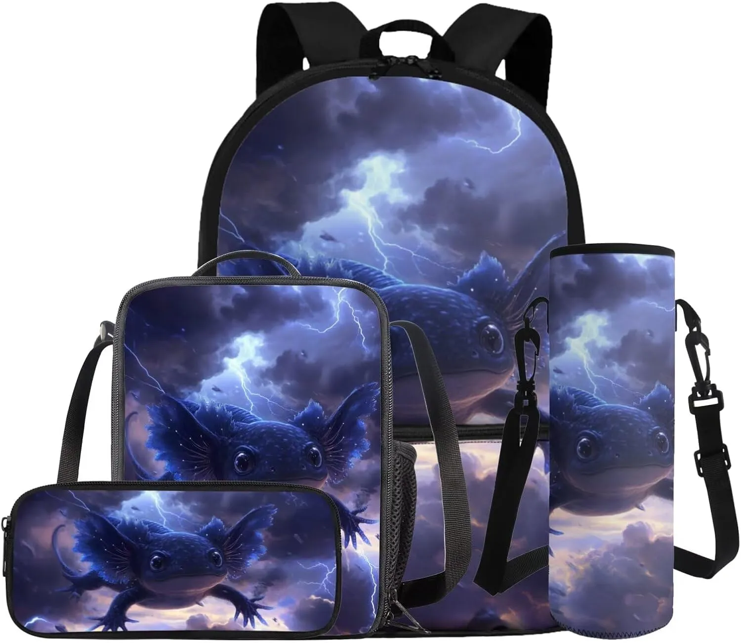 COEQINE Girls Backpack Ages 6-8 with Water Bottle Set 4 Pcs Black Axolotl Cool Lightning Kids School for Elementary Preschool Kindergarten Boys Bookbag Lunch Box Pencil Case Cover