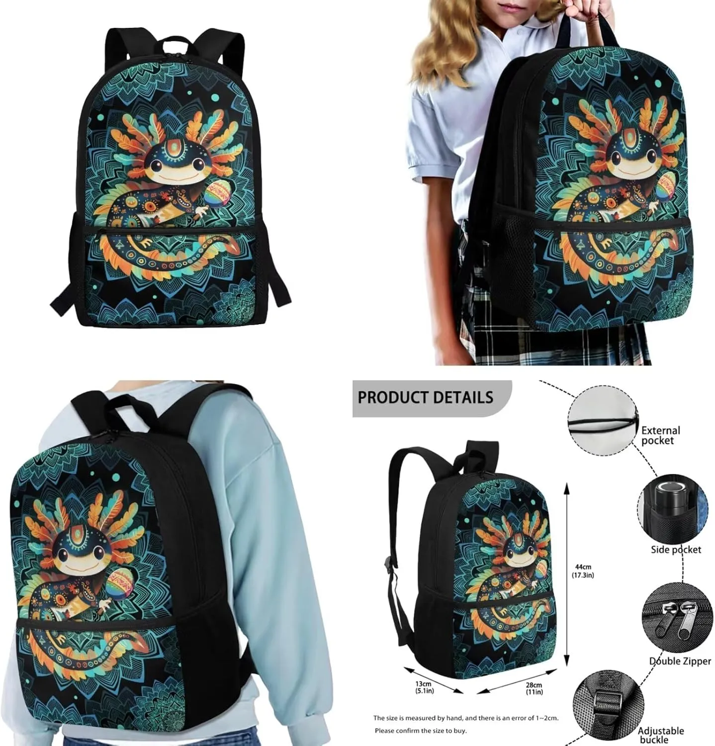 COEQINE Girls Bookbag with Lunch Box and Water Bottle Axolotl Backpack Lunchbox Pencil Case for School Kid's Backpacks 4 in 1 Schoolbag Girl Boy Cute 17 Inch Laptop Bags