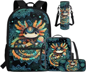 COEQINE Girls Bookbag with Lunch Box and Water Bottle Axolotl Backpack Lunchbox Pencil Case for School Kid's Backpacks 4 in 1 Schoolbag Girl Boy Cute 17 Inch Laptop Bags