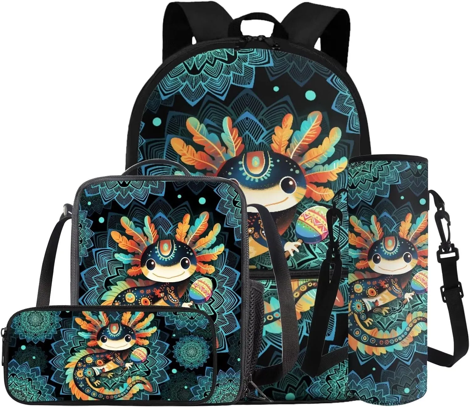 COEQINE Girls Bookbag with Lunch Box and Water Bottle Axolotl Backpack Lunchbox Pencil Case for School Kid's Backpacks 4 in 1 Schoolbag Girl Boy Cute 17 Inch Laptop Bags