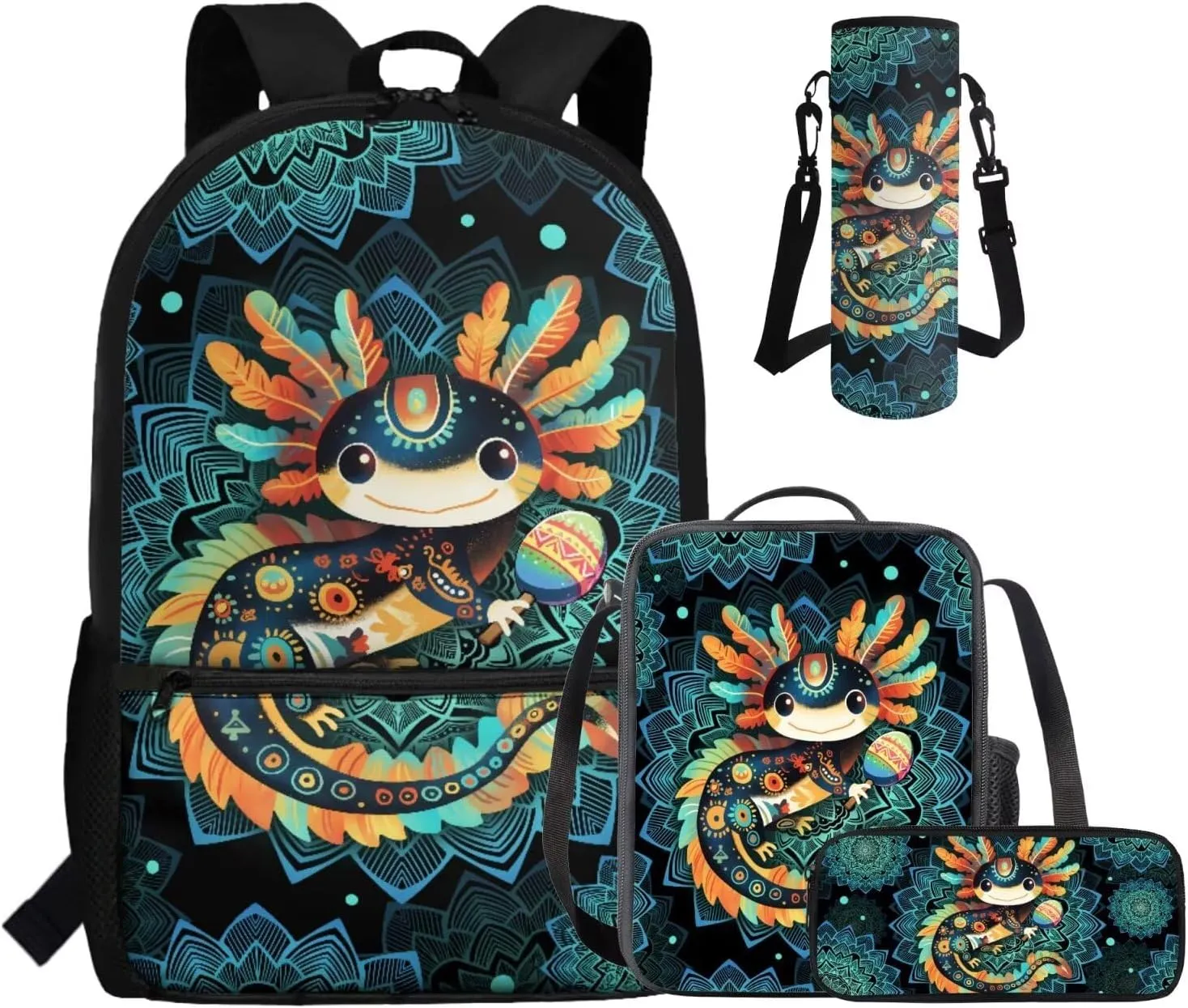 COEQINE Girls Bookbag with Lunch Box and Water Bottle Axolotl Backpack Lunchbox Pencil Case for School Kid's Backpacks 4 in 1 Schoolbag Girl Boy Cute 17 Inch Laptop Bags