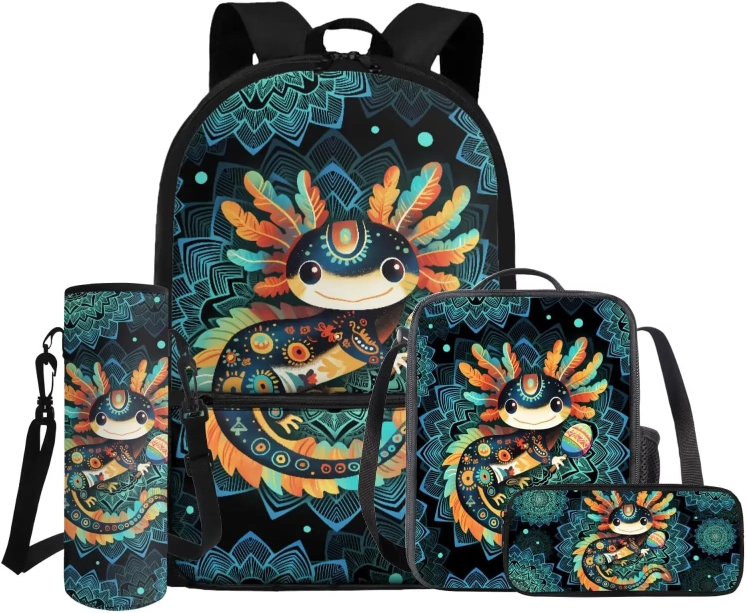 COEQINE Girls Bookbag with Lunch Box and Water Bottle Axolotl Backpack Lunchbox Pencil Case for School Kid's Backpacks 4 in 1 Schoolbag Girl Boy Cute 17 Inch Laptop Bags