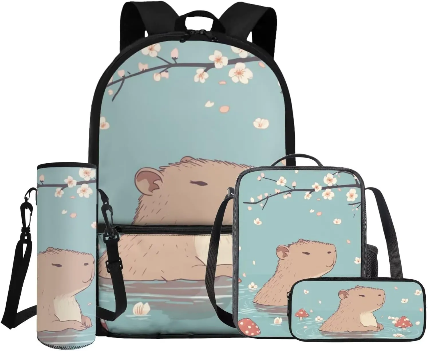 COEQINE School Bag Lunch Box Water Bottle Set Girls Capybara Junior Backpack Cute Bookbags for with Lunchbox Sleeves and Pencil Case 4Pcs Large Bags Boys 10-12 Back to Gifts Kids