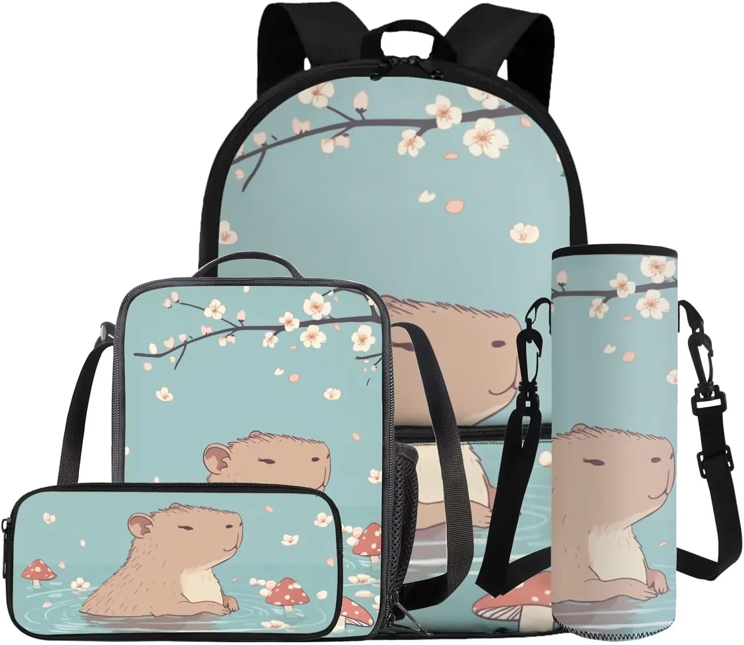 COEQINE School Bag Lunch Box Water Bottle Set Girls Capybara Junior Backpack Cute Bookbags for with Lunchbox Sleeves and Pencil Case 4Pcs Large Bags Boys 10-12 Back to Gifts Kids