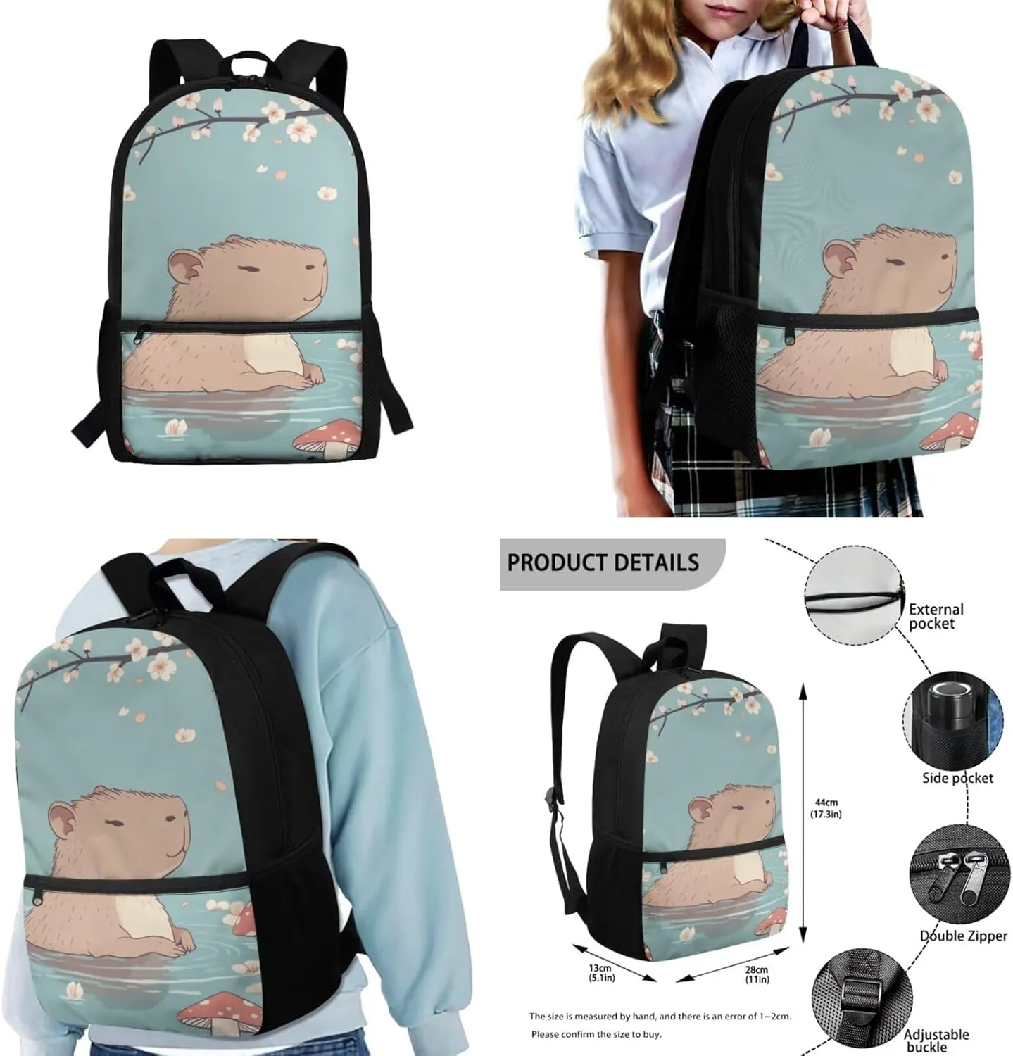 COEQINE School Bag Lunch Box Water Bottle Set Girls Capybara Junior Backpack Cute Bookbags for with Lunchbox Sleeves and Pencil Case 4Pcs Large Bags Boys 10-12 Back to Gifts Kids