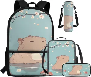 COEQINE School Bag Lunch Box Water Bottle Set Girls Capybara Junior Backpack Cute Bookbags for with Lunchbox Sleeves and Pencil Case 4Pcs Large Bags Boys 10-12 Back to Gifts Kids