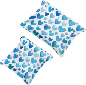 Colorful Aqua Blue Watercolor Hearts Pocket Cosmetic Bag, Waterproof Squeeze Makeup Bag No Zipper Self-Closing, Portable Mini Travel Storage for Headphones Jewelry