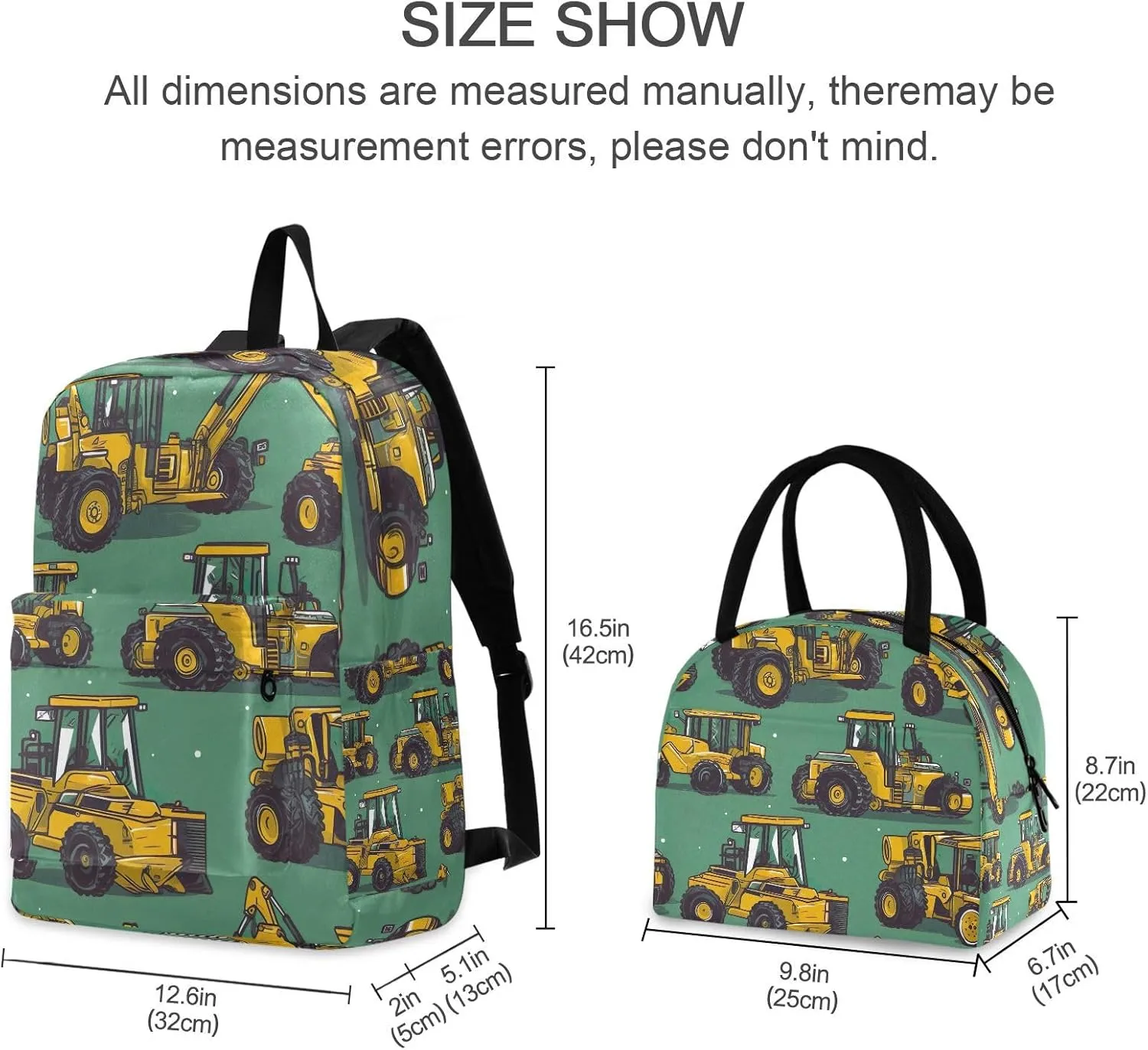 Construction Machinery Backpacks and Lunchboxes Insulated Waterproof Backpack, Lunch Bag with Backpack, Backpack Elementary